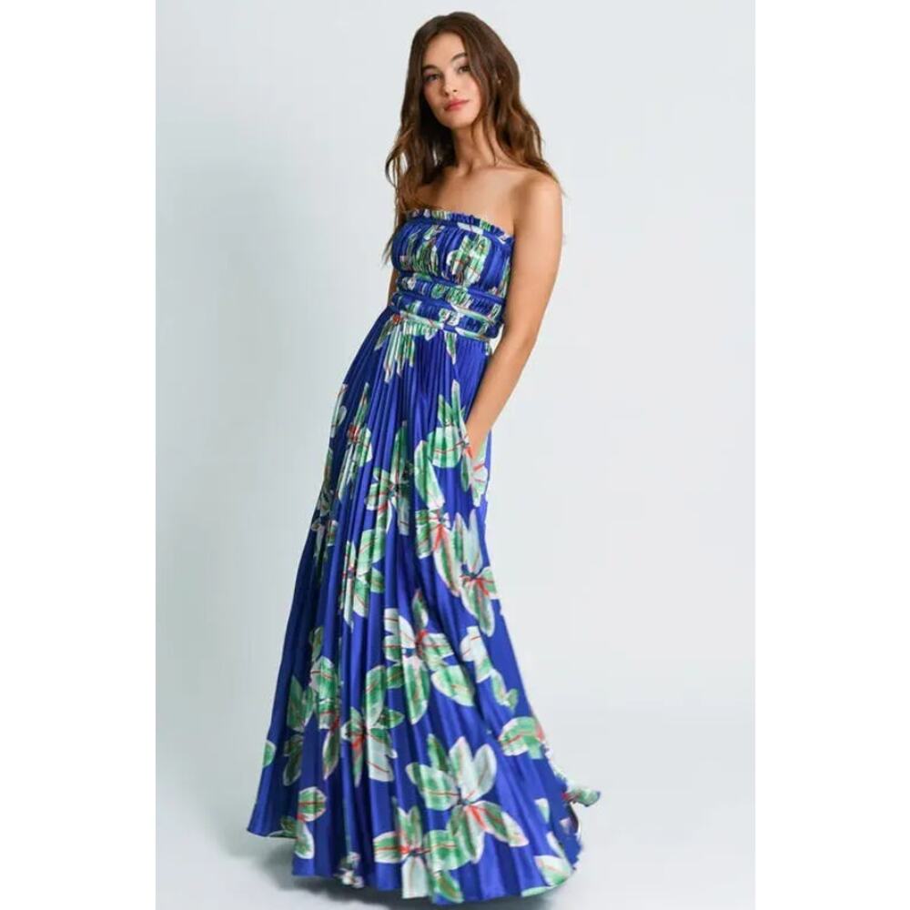 Hutch Womens Sabina Gown Dress Maxi Strapless Pleated Floral Blue Size 4 NEW
